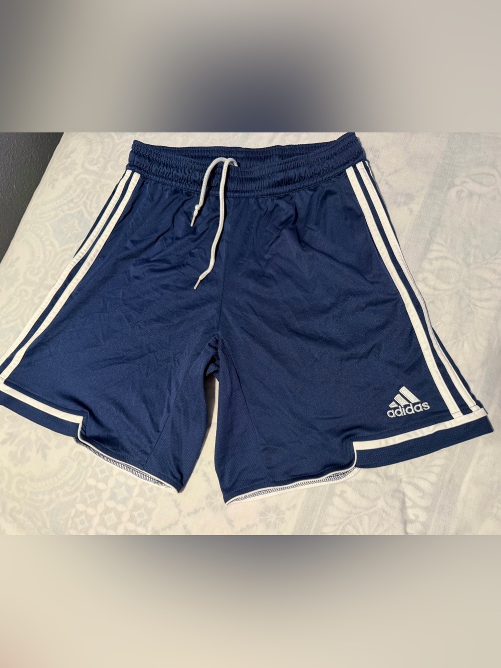 adidas Navy Athletic Shorts with White Three-Stripes size L